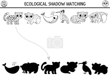 Illustration for Ecological z black and white shadow matching activity with endangered species. Earth day puzzle. Find correct silhouette printable worksheet or game. Eco awareness coloring page for kid - Royalty Free Image