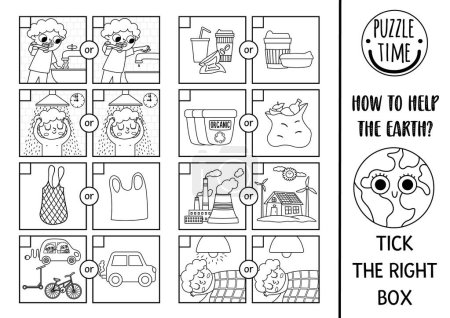 Ecological black and white matching activity with alternative resources, transport, waste sorting concept. Earth day puzzle. Printable worksheet. Eco awareness coloring page for kid