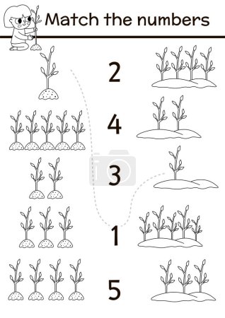 Téléchargez les illustrations : Match the numbers ecological black and white game with girl planting trees. Earth day or garden math activity for preschool kids. Eco awareness educational counting coloring pag - en licence libre de droit