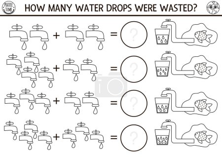 Ilustración de How many drops black and white game with taps. Ecological math addition activity for preschool children. Simple eco earth day printable counting coloring page for kid - Imagen libre de derechos