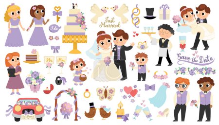 Illustration for Vector big wedding elements set. Cute marriage clipart and scenes with bride and groom. Just married couple collection. Funny ceremony illustrations. Cute bridesmaids, bridegroom, rings, cake - Royalty Free Image