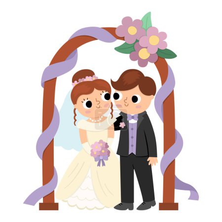 Illustration for Vector illustration with bride and groom. Cute just married couple. Wedding ceremony icon. Cartoon marriage scene with husband and wife standing under the decorated arc - Royalty Free Image