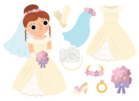 Téléchargez les illustrations : Vector bride clothes set. Cute just married girl with dress, accessory. Wedding ceremony icon. Cartoon marriage newly married woman, veil, shoe, bouquet, ring, gloves. Cute lady collectio - en licence libre de droit