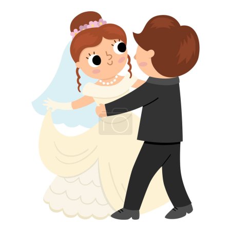 Téléchargez les illustrations : Vector illustration with bride and groom. Cute just married couple. Wedding ceremony icon. Cartoon marriage scene with husband and wife dancing their first dance. Newly married coupl - en licence libre de droit