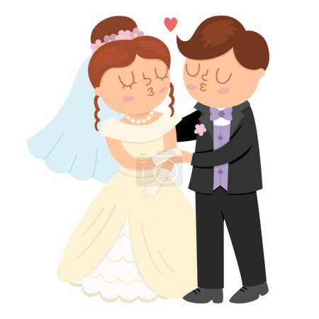 Illustration for Vector illustration with kissing bride and groom. Cute just married couple. Wedding ceremony icon. Cartoon marriage scene with newly married couple and their first kis - Royalty Free Image