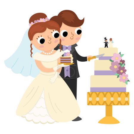 Illustration for Vector illustration with bride and groom cutting the cake. Cute just married couple. Wedding ceremony icon. Cartoon marriage scene with newly married couple and the first piece of desser - Royalty Free Image