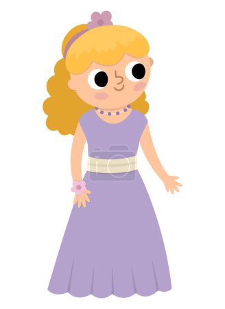 Illustration for Vector bridesmaid illustration. Cute blond girl in purple dress with flower in hair. Wedding ceremony icon. Cartoon marriage guest. Elegant woman picture. Cute lady in smart outfi - Royalty Free Image