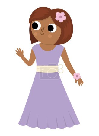 Illustration for Vector bridesmaid illustration. Cute dark skin and hair girl in purple dress with flower. Wedding ceremony icon. Cartoon marriage guest. Elegant woman picture. Cute lady in smart outfi - Royalty Free Image
