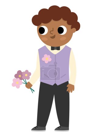 Illustration for Vector bridegroom illustration. Cute dark skin and hair boy in glasses and purple vest with flower. Wedding ceremony icon. Cartoon marriage guest. Elegant man. Cute gentleman in smart sui - Royalty Free Image