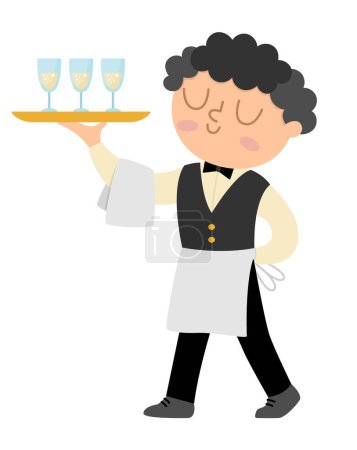 Illustration for Vector waiter illustration. Cute black hair man in uniform serving sparkling drinks on a tray with towel on his arm. Wedding ceremony service boy icon. Elegant restaurant worker pictur - Royalty Free Image