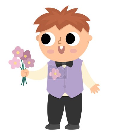 Illustration for Vector little bridegroom illustration. Cute tiny boy in purple vest with flower bouquet. Wedding ceremony kid icon. Cartoon marriage guest. Elegant baby. Cute gentleman in smart sui - Royalty Free Image