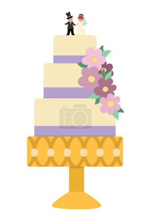 Illustration for Vector wedding cake with flowers, purple ribbon, little bride and groom statuettes. Cute marriage clipart element. Just married couple dessert. Cartoon ceremony illustratio - Royalty Free Image