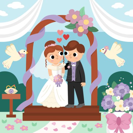 Téléchargez les illustrations : Vector wedding scene with cute just married couple. Marriage ceremony landscape with bride and groom. Husband and wife standing in the arck with doves and flower - en licence libre de droit