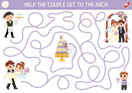 Wedding maze for kids with bride, groom, cake. Marriage ceremony preschool printable activity. Matrimonial labyrinth game, puzzle. Help just married couple get to the arc
