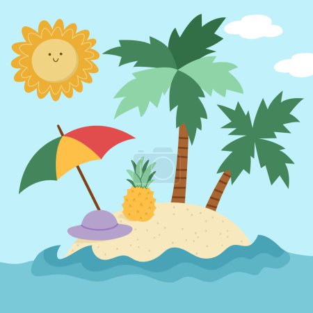 Vector tropical island landscape illustration. Holiday or vacations scene with uninhabited isle, umbrella, pineapple, sun, palm trees. Cute summer square background. Marine picture for kid