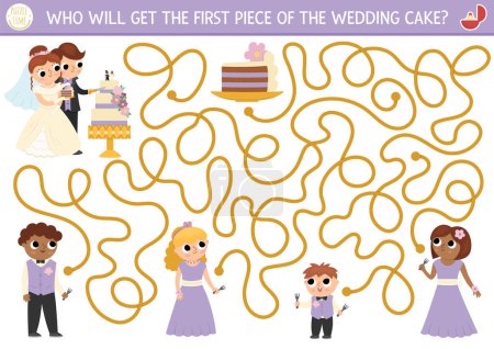 Illustration for Wedding maze for kids with bride and groom cutting the cake. Marriage ceremony preschool printable activity. Matrimonial labyrinth game, puzzle with guests. Who will get the first piece of desser - Royalty Free Image