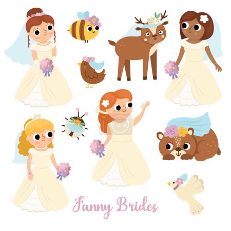 Téléchargez les illustrations : Vector brides set. Cute just married girls wearing white dresses, veils, accessory. Wedding ceremony icons. Cartoon marriage newly married woman, animals, birds. Cute lady collectio - en licence libre de droit