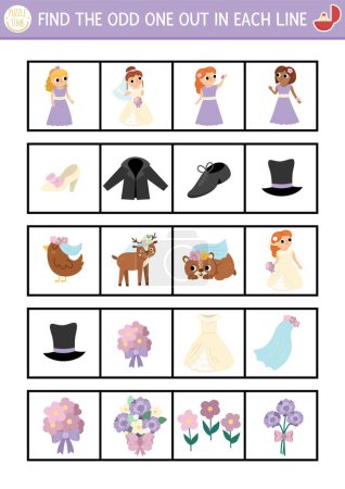 Ilustración de Find the odd one out. Wedding logical activity for children. Marriage ceremony educational quiz worksheet for kids for attention skills. Simple printable game with cute bride and groo - Imagen libre de derechos