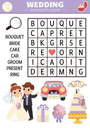 Vector wedding wordsearch puzzle for kids. Simple word search quiz with marriage ceremony landscape for children. Educational activity with bride, groom, cake. Cross word with traditional symbol