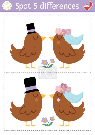 Find differences game for children. Wedding educational activity with cute married birds couple. Marriage ceremony puzzle for kids with funny animal bride and groom. Printable workshee