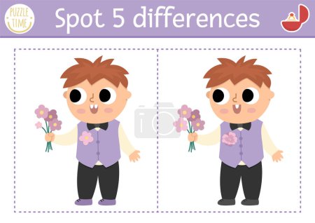 Find differences game for children. Wedding educational activity with cute boy with bouquet of flowers. Marriage ceremony puzzle for kids with funny little kid guest. Printable worksheet or pag