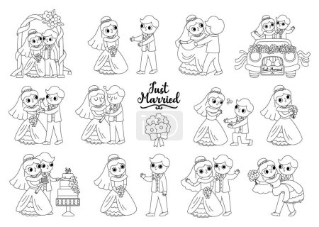 Vector black and white set with bride and groom. Cute line just married couple. Wedding ceremony coloring page. Cartoon marriage scenes with rings, cake, honeymoon car, arch, kissin
