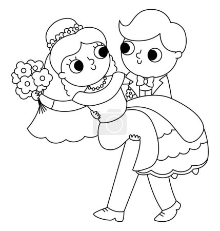 Illustration for Vector black and white illustration with groom carrying bride on his hands. Cute just married couple. Wedding ceremony line icon. Cartoon marriage coloring page with newly married coupl - Royalty Free Image