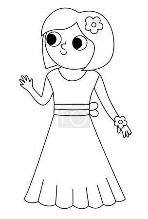 Illustration for Vector black and white bridesmaid illustration. Cute line girl in dress with flower in hair. Wedding ceremony icon. Cartoon marriage guest. Elegant woman coloring page. Cute lady in smart outfi - Royalty Free Image