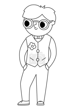 Illustration for Vector black and white bridegroom illustration. Cute outline boy in glasses and vest. Wedding ceremony line icon. Cartoon marriage guest. Elegant man coloring page. Cute gentleman in smart sui - Royalty Free Image