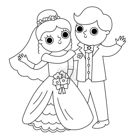 Illustration for Vector black and white illustration with bride and groom waving hands. Cute just married couple. Wedding ceremony line icon. Cartoon marriage coloring page with newly married coupl - Royalty Free Image