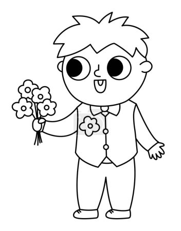 Illustration for Vector black and white little bridegroom illustration. Cute outline boy in vest with flower bouquet. Wedding ceremony kid line icon. Cartoon marriage guest. Elegant baby coloring pag - Royalty Free Image