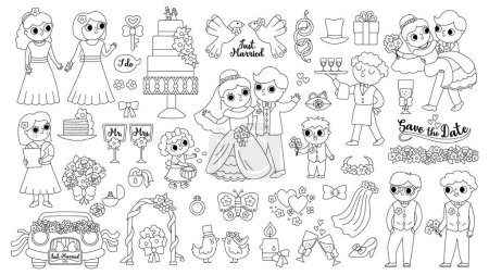 Vector big black and white wedding elements set. Cute marriage line clipart and scenes with bride and groom, bridesmaids, rings, cake. Just married couple collection. Funny ceremony coloring pag