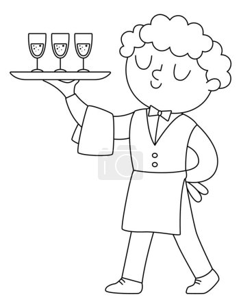 Téléchargez les illustrations : Vector black and white waiter illustration. Cute outline man in uniform serving sparkling drinks on a tray with towel on his arm. Wedding ceremony service boy line icon. Restaurant worker coloring pag - en licence libre de droit