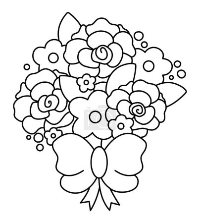 Ilustración de Vector black and white spring, summer or wedding bouquet. Beautiful line illustration with rose flowers tied with bow. Floral decorative element or coloring pag - Imagen libre de derechos