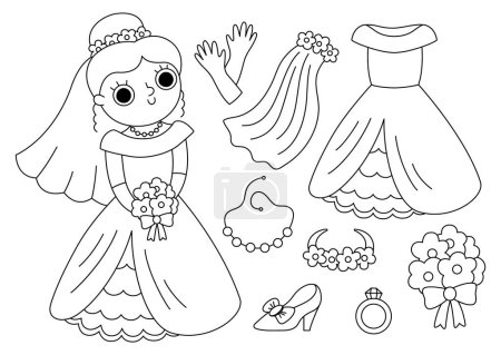 Ilustración de Vector black and white bride clothes set. Cute just married girl with dress, accessory. Wedding ceremony line icon pack. Newly married woman coloring page with veil, shoe, bouque - Imagen libre de derechos