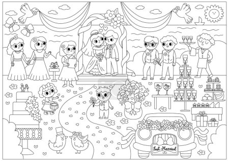 Vector black and white wedding scene. Cute line marriage ceremony illustration or coloring page with just married couple in the arch, registrar, bridesmaids and bridegroom, candy bar, cak