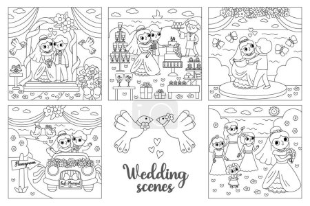 Vector black and white wedding scenes set. Cute line just married couple. Marriage ceremony landscapes coloring pages with bride and groom. Husband, wife cutting cake, dancin