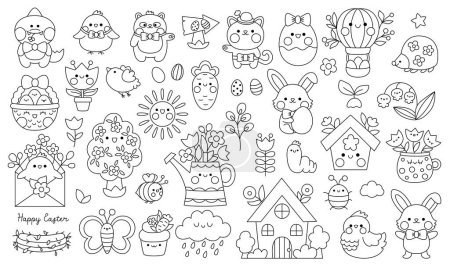 Téléchargez les illustrations : Vector black and white kawaii Easter clipart set for kids. Cute cartoon characters. Traditional line symbols collection with bunny, eggs, bird, chick, basket, flowers. Spring holiday coloring pag - en licence libre de droit