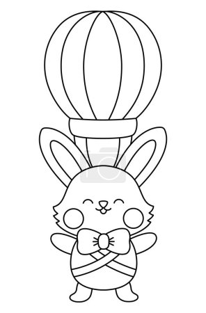 Ilustración de Vector black and white Easter bunny icon for kids. Cute line kawaii rabbit illustration or coloring page. Funny cartoon hare character. Traditional spring holiday symbol flying on hot air balloon - Imagen libre de derechos