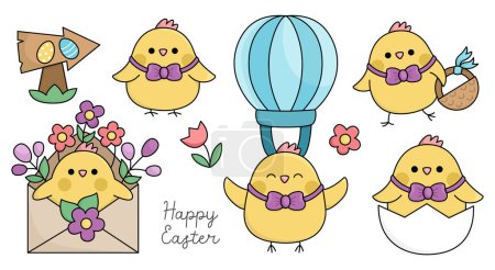 Illustration for Vector Easter chicks set for kids. Cute kawaii chickens collection. Funny cartoon characters. Traditional spring holiday symbol illustration with bird with basket, eggs, flying on hot air balloo - Royalty Free Image