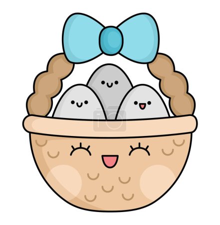 Vector kawaii basket with eggs icon for kids. Cute Easter symbol illustration. Funny cartoon character. Adorable spring clipar