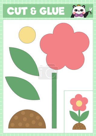Ilustración de Vector spring cut and glue activity. Crafting game with cute cartoon flower. Fun simple printable worksheet. Find the right piece of the puzzle. Garden complete the pictur - Imagen libre de derechos