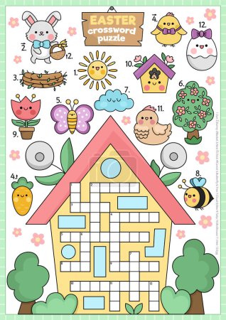 Vector Easter country house shaped crossword puzzle for kids. Spring holiday quiz for children. Educational activity with kawaii symbols. Cute garden English language cross word with bunn