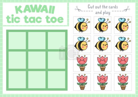 Ilustración de Vector garden tic tac toe chart with bee and tulip in pot. Easter kawaii board game playing field with cute characters. Funny spring holiday printable worksheet. Noughts and crosses grid - Imagen libre de derechos