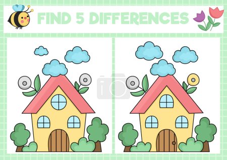 Téléchargez les illustrations : Garden kawaii find differences game for children. Attention skills activity with cute country house. Spring holiday puzzle for kids with funny cartoon cottage. Printable what is different workshee - en licence libre de droit