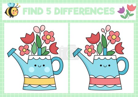 Téléchargez les illustrations : Garden kawaii find differences game for children. Attention skills activity with cute watering can and flowers. Spring holiday puzzle for kids. Printable what is different workshee - en licence libre de droit
