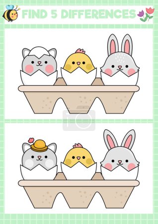 Illustration for Easter kawaii find differences game for children. Attention skills activity with cute hatching animals. Spring holiday puzzle for kids with funny characters. Printable what is different workshee - Royalty Free Image