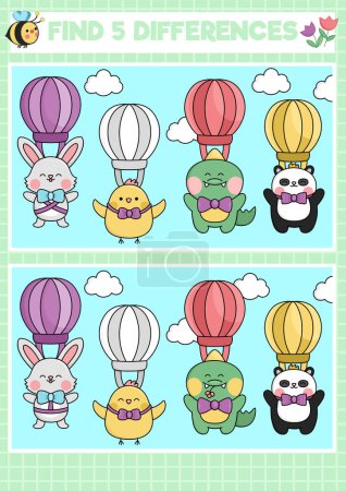 Téléchargez les illustrations : Easter kawaii find differences game for children. Attention skills activity with cute hot air balloons with animals flying in the sky. Spring holiday puzzle for kids. Printable what is different workshee - en licence libre de droit