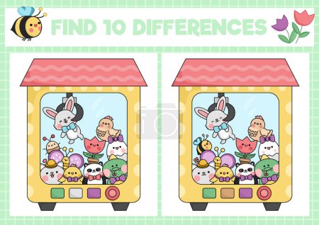 Illustration for Easter kawaii find differences game for children. Attention skills activity with cute animals in toy vending machine. Spring holiday puzzle for kids with characters. Printable what is different workshee - Royalty Free Image