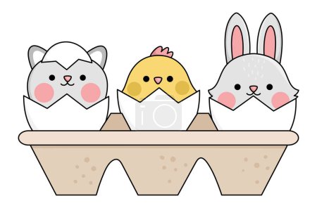 Illustration for Vector packaging with eggs and hatching kawaii animals. Easter illustration with cute cat, chick and bunny sitting in shell. Cute spring icon for kid - Royalty Free Image